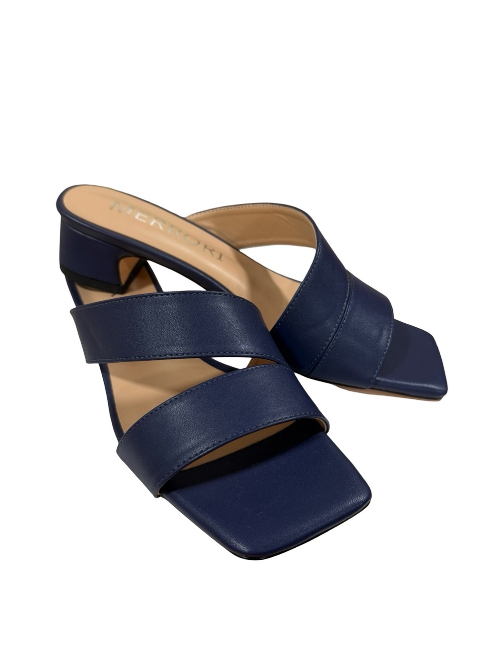 Women’s Navy Double-Strap Square-Toe Block Heel Mules